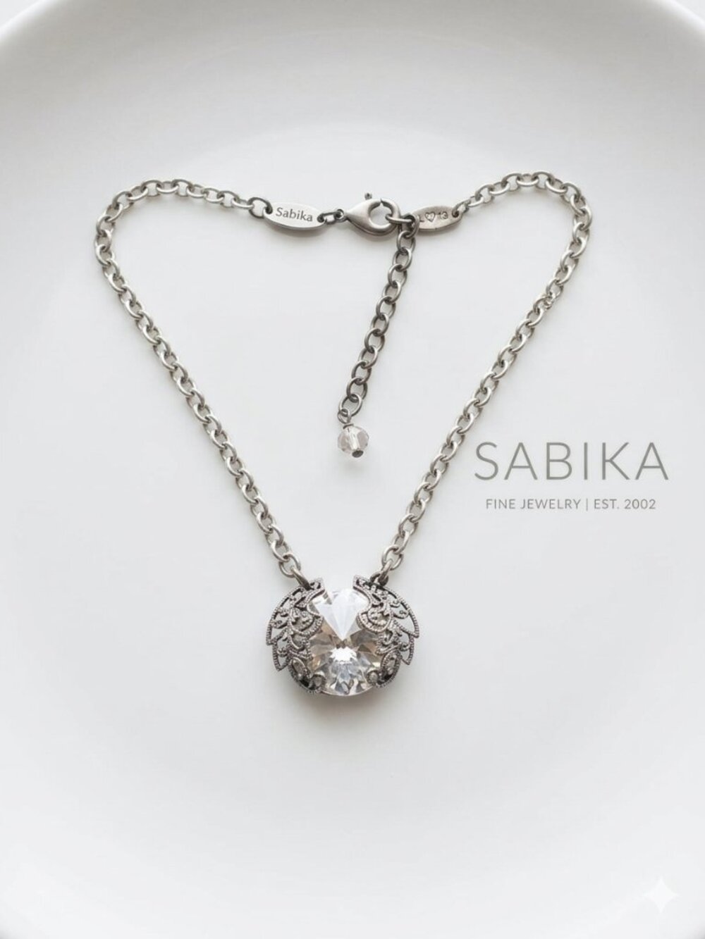 Sabika Silver Tone Chain Necklace Round Clear Austrian Crystal Solitaire Pendant